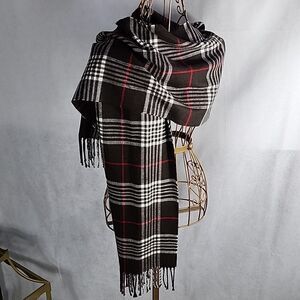 Luxury Cashmere Braided  Fringed Buttery Soft Plaid Scarf Chocolate Brown